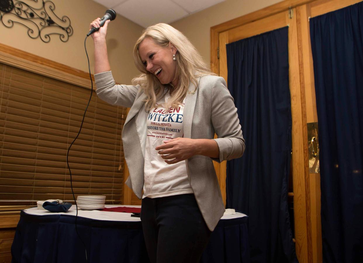 Lauren Witzke celebrates after winning Delaware's Republican US Senate primary (AP)