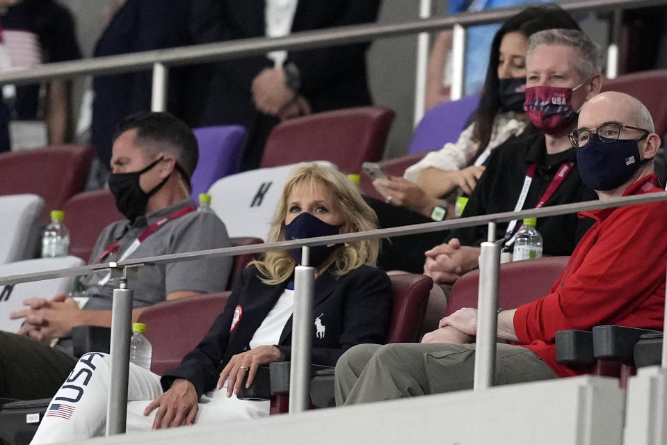 First lady of the United States Jill Biden watches during a women's soccer match between the United States and New Zealand at the 2020 Summer Olympics, Saturday, July 24, 2021, in Saitama, Japan. (AP Photo/Martin Mejia)