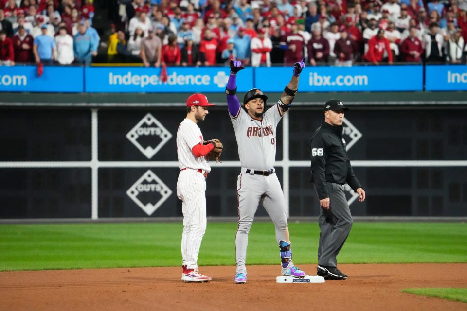 Arizona Diamondbacks second baseman Ketel Marte (4) reacts to a double during the seventh inning against the Philadelphia Phillies in game seven of the NLCS at Citizens Bank Park in Philadelphia on Oct. 24, 2023.