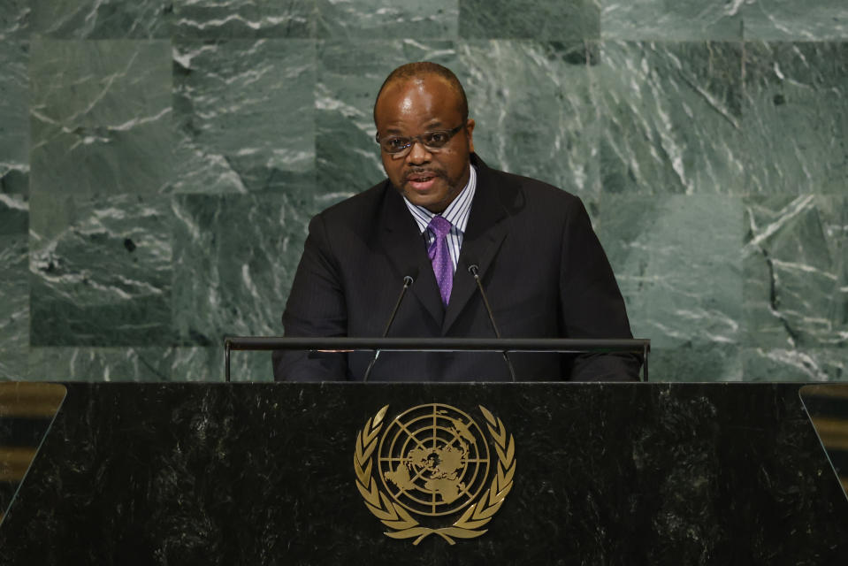 King Mswati III of Eswatini addresses the 77th session of the United Nations General Assembly, at U.N. headquarters, Wednesday, Sept. 21, 2022. (AP Photo/Jason DeCrow)