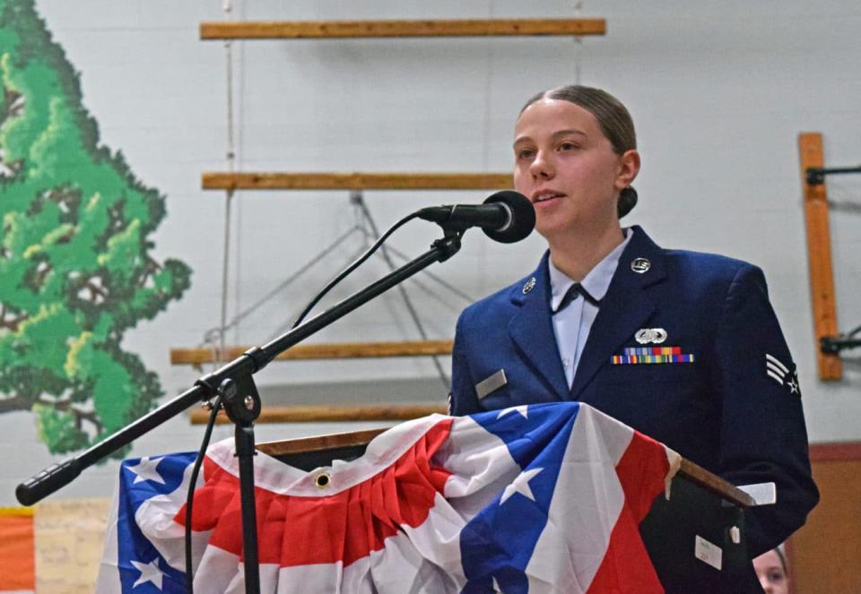 Senior Airman Temika Lyman, a graduate with the Spaulding High School Class of 2019, spoke to students at Rochester Middle School about the ways in which joining the Air Force changed her life for the better.