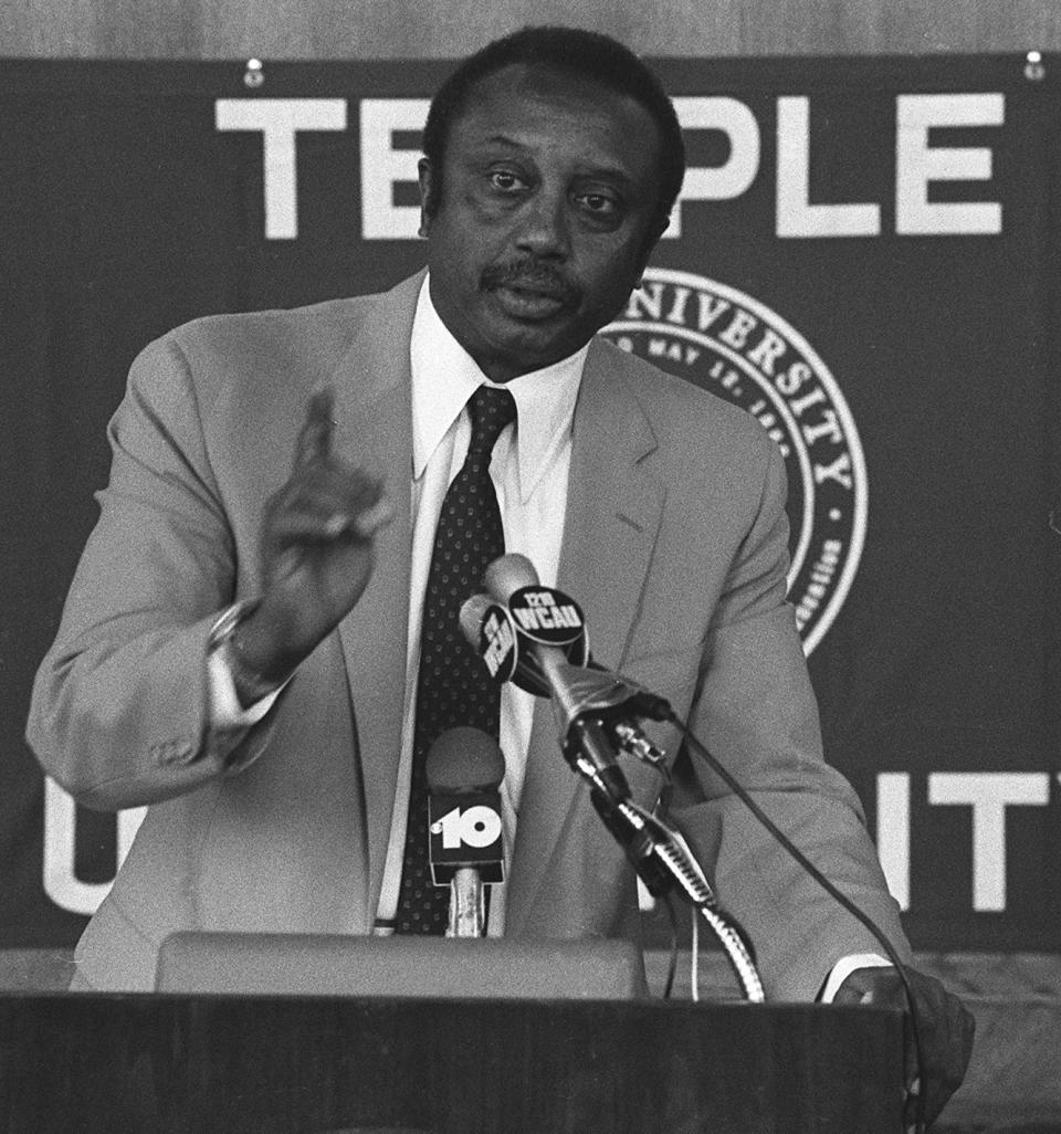 FILE - In this Aug. 18, 1982, file photo, John Chaney speaks during a news conference at Temple University in Philadelphia, the day after being named their NCAA college basketball head coach. John Chaney, one of the nation’s leading Black coaches and a commanding figure during a Hall of Fame basketball career at Temple, has died. He was 89. His death was announced by the university Friday, Jan. 29, 2021. (AP Photo/A. Schnell, File)