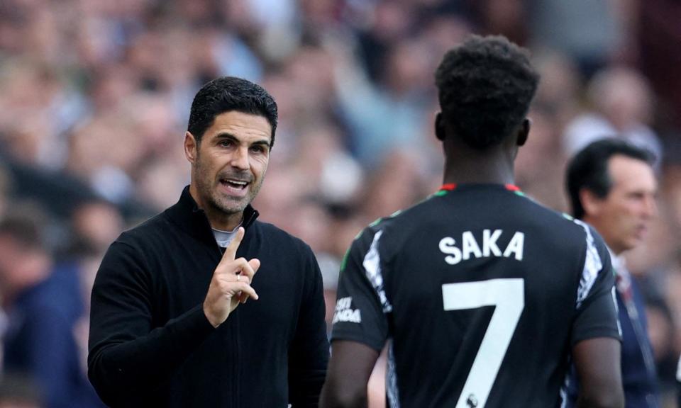 <span>Mikel Arteta, shown giving instructions to Bukayo Saka at Aston Villa, says the Premier League has ‘gone to another level again’.</span><span>Photograph: Ed Sykes/Action Images/Reuters</span>