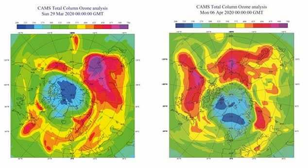 北極上空的臭氧層近日出現罕見破洞，科學家說除非它往南移動，否則不會危及人類。（圖／哥白尼大氣監控機構）