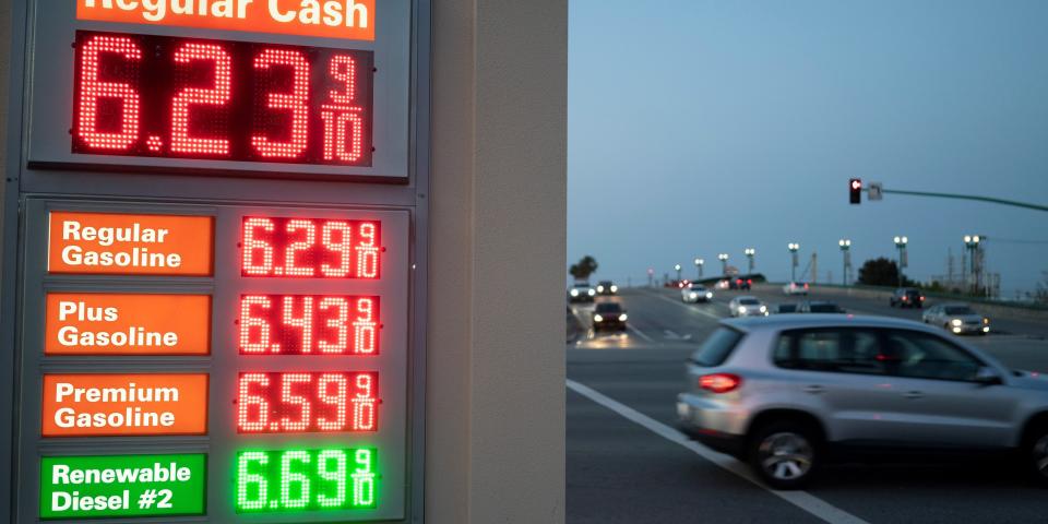 Gasoline and diesel prices above $6 a gallon are displayed at a gas station in Millbrae, California.