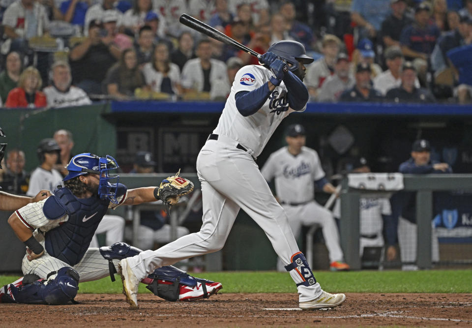 Houston Astros designated hitter Yordan Alvarez singles in a run during the fifth inning of a baseball game against the Kansas City Royals, Saturday, Sept. 16, 2023, in Kansas City, Mo. (AP Photo/Peter Aiken)