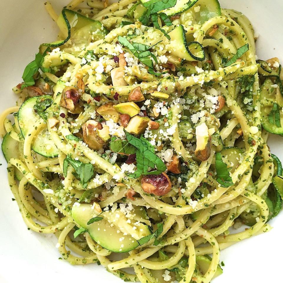 Spaghetti with Zucchini and Pistachio Pesto