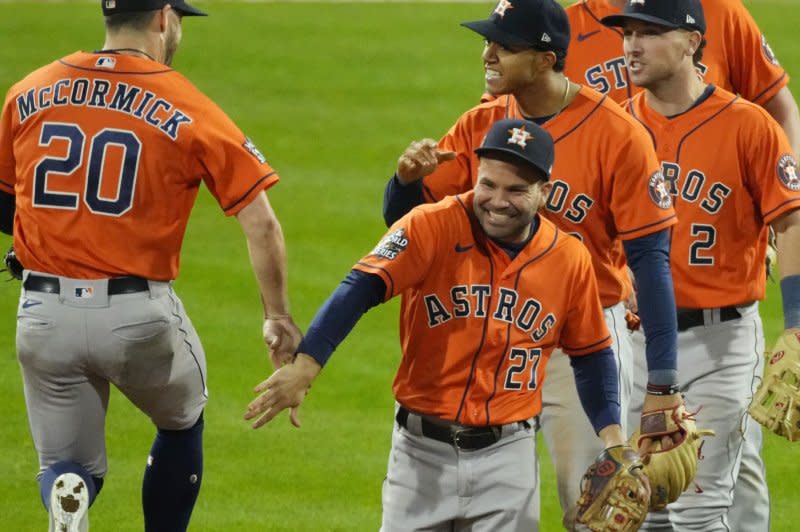 Houston Astro second baseman Jose Altuve (C) missed 60 games this season because of injuries. File Photo by Ray Stubblebine/UPI