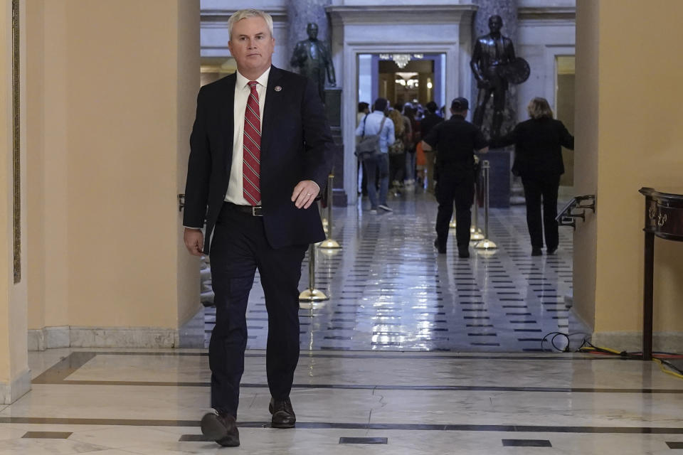 Rep. James Comer, R-K.Y., walks on Capitol Hill, Friday, Oct. 20, 2023, in Washington. (AP Photo/Mariam Zuhaib)