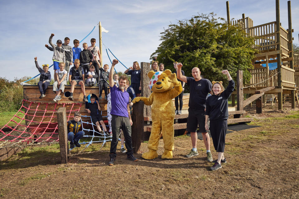 Programme Name: DIY SOS S32 - TX: n/a - Episode: DIY SOS: Children in Need Special 2021 - Hull (No. n/a) - Picture Shows: is joined by Pudsey and St Michaelâ€™s Youth Project who have benefitted from the DIY SOS Big Build Children in Need Special. Rhod Gilbert - (C) BBC Children in Need - Photographer: Neil Sherwood