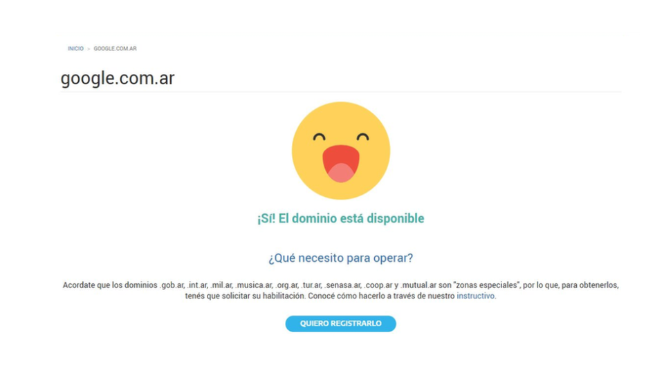 Captura de pantalla de la página NIC, que le permitió a Nicolás comprar www.google.com.ar