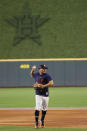 Houston Astros second baseman Jose Altuve warms up during batting practice for baseball's World Series Monday, Oct. 21, 2019, in Houston. The Houston Astros face the Washington Nationals in Game 1 on Tuesday. (AP Photo/Matt Slocum)