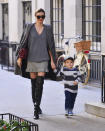 <p>Chic mom alert! Kerr channeled her inner 50 shades of grey in a monochrome outfit and dangerously high boots while out with her son, Flynn Bloom. (Photo: Splash) </p>