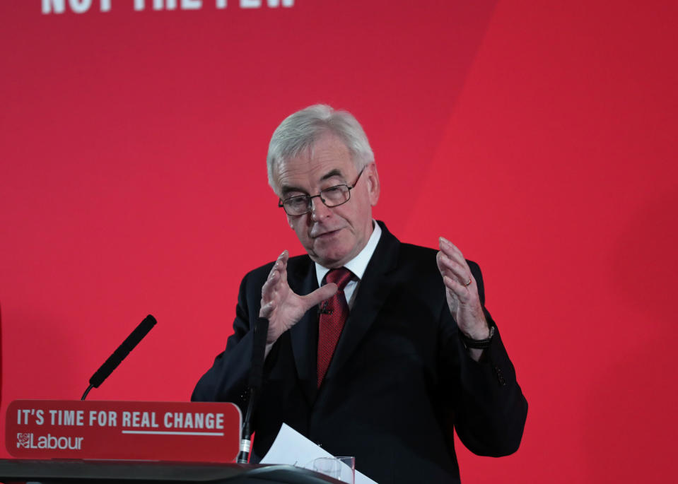 Shadow chancellor John McDonnell delivers a speech on the economy, at Church House, in Westminster, London, ahead of the General Election.