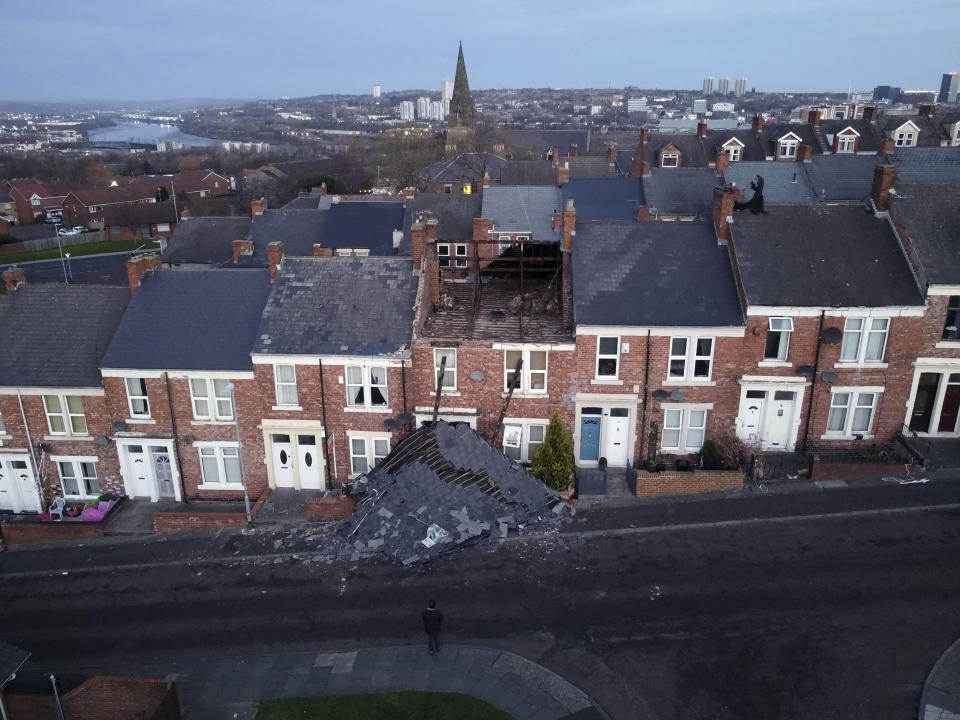 A house in Gateshead, north east England, Sunday Jan. 30, 2022, which lost its roof after strong winds from Storm Malik battered northern parts of the UK PA Photo. The Met Office have said that another blast of severe strong winds is set to hit parts of the UK. (Owen Humphreys/PA via AP)