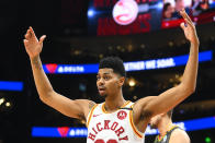 Indiana Pacers guard Jeremy Lamb reacts after being called for a foul during the first half of an NBA basketball game against the Atlanta Hawks, Saturday, Jan. 4, 2020, in Atlanta. (AP Photo/John Amis)