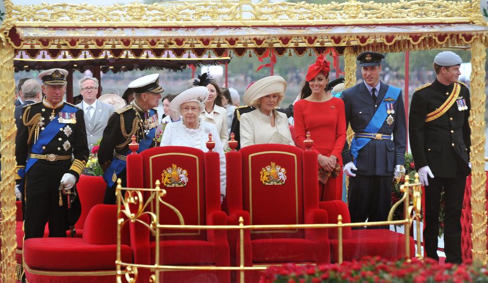 Prince Charles, Prince Philip, Queen Elizabeth II, Duchess Camilla of Cornwall, Duchess Kate of Cambridge, Prince William and Prince Harry on the Spirit of Chartwell during the Diamond Jubilee Thames River Pageant on June 3, 2012 in London. The river pageant featured a flotilla of a 1,000 boats accompanying the royals down The Thames.