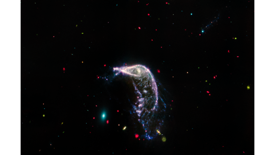 Red, blue, and yellow speckles dot the background of space. The Penguin and Egg galaxy are seen in the middle, with a different color scheme than the header.