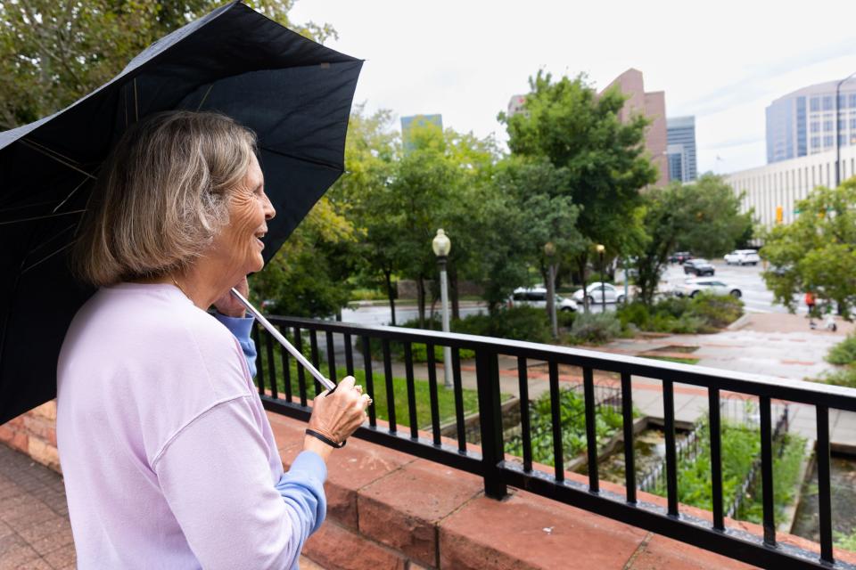 Colleen Cohea, from Las Vegas, walks through City Creek Park in the rain during her visit to Salt Lake City on Tuesday, Aug. 22, 2023. | Megan Nielsen, Deseret News