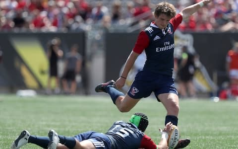 United States' A.J. MacGinty converts a try during a 2019 Rugby World Cup Qualifier against Canada - Credit: THE CANADIAN PRESS