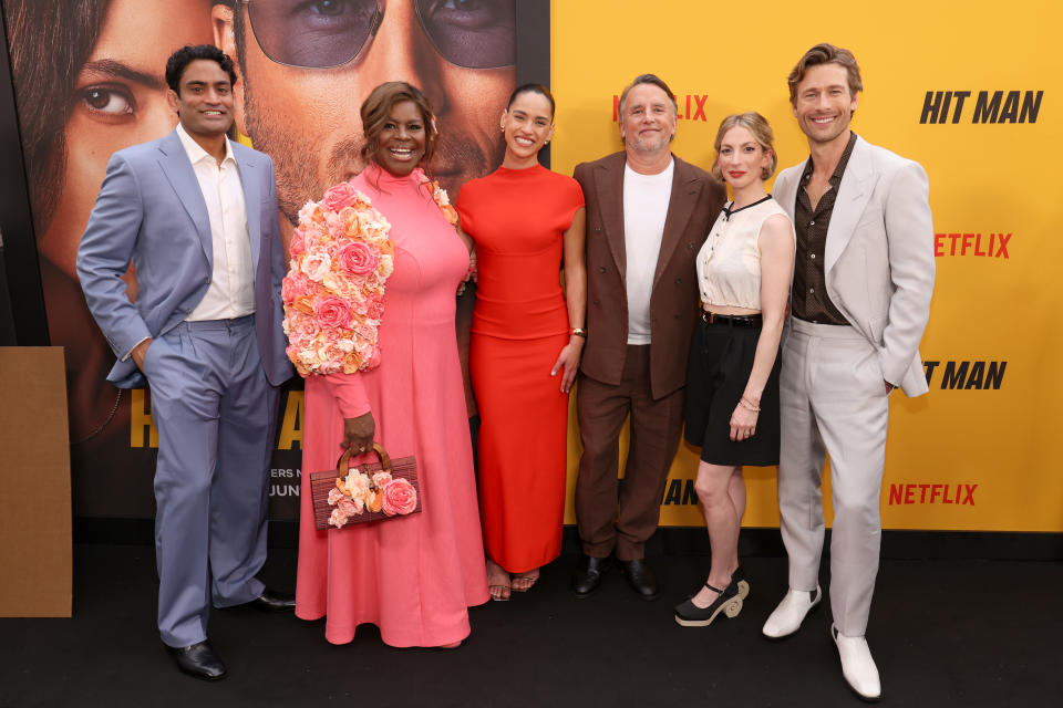 Sanjay Rao, Retta, Adria Arjona, Richard Linklater, Molly Bernard and Glen Powell attend Netflix's Austin premiere of "Hit Man"