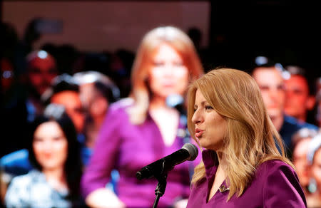 Slovakia's presidential candidate Zuzana Caputova speaks at the party's headquarters in Bratislava, Slovakia, March 30, 2019. REUTERS/David W Cerny