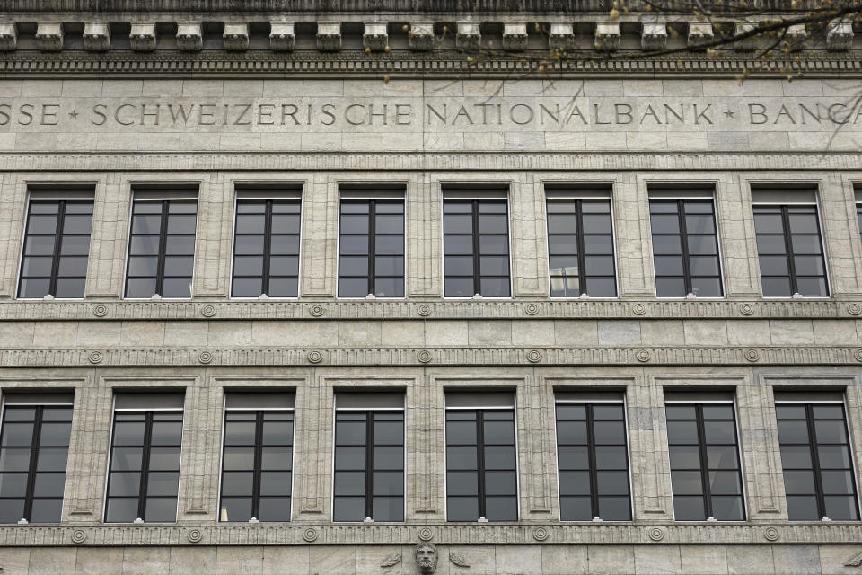 A view of the facade of the Swiss National Bank, in Zurich, Switzerland, on Thursday, March 23, 2023. (Michael Buholzer/Keystone via AP)