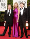 <p>Michael J. Fox and actress-wife Tracy Pollan accompany son Sam to the ceremony, where he played Mr. Golden Globe opposite Francesca Eastwood. (Photo: Jeff Vespa/WireImage) </p>