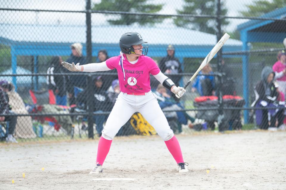 Lakeview senior Sarah Metzger steps up to bat during the All-City final game against Harper Creek at Bailey Park on Saturday, May 11, 2024.