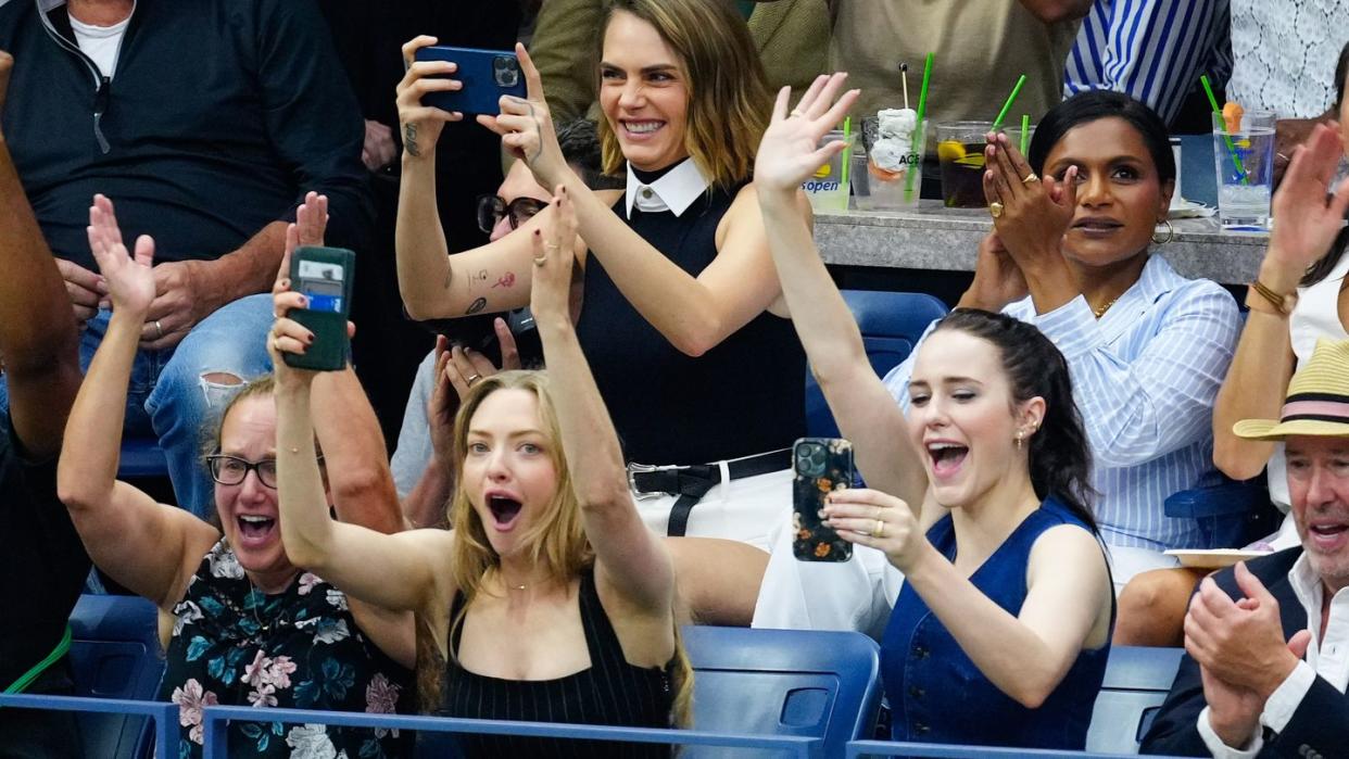 new york, new york september 09 cara delevingne, amanda seyfried, mindy kaling, rachel brosnahan are seen at the final game with coco gauff vs aryna sabalenka at the 2023 us open tennis championships on september 09, 2023 in new york city photo by gothamgc images