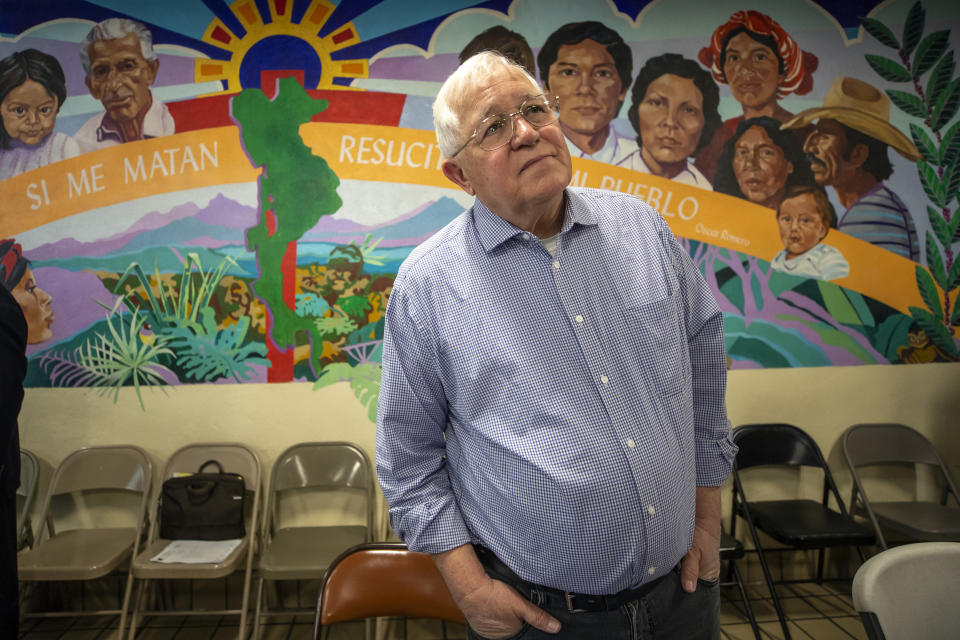 Ruben Garcia, founder and director of Annunciation House, a network of migrants shelters in El Paso ,Texas, speaks with the media during a news conference, Friday, Feb. 23, 2024. Garcia is reacting to the lawsuit filed by Texas Attorney General Ken Paxton that claims the Annunciation House "appears to be engaged in the business of human smuggling" and is threatening to terminate the nonprofit's right to operate in Texas. (AP Photo/Andres Leighton)