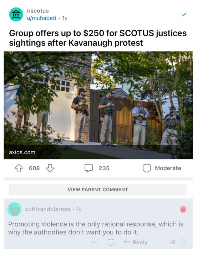 A screenshot of a Reddit post removed from R/SCOTUS.