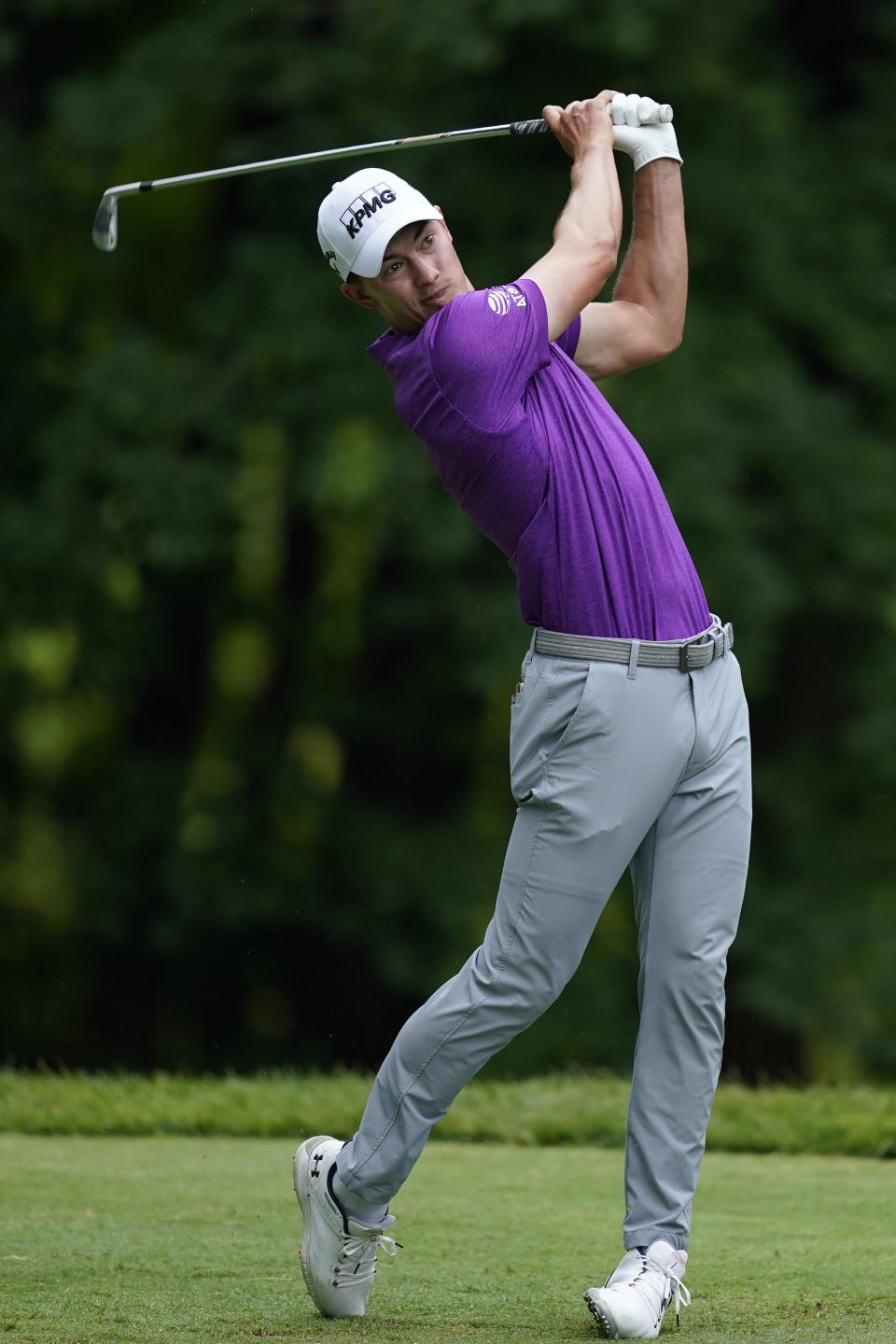 Maverick McNealy hits off the sixth tee during the second round of the John Deere Classic golf tournament, Friday, July 1, 2022, at TPC Deere Run in Silvis, Ill. (AP Photo/Charlie Neibergall)