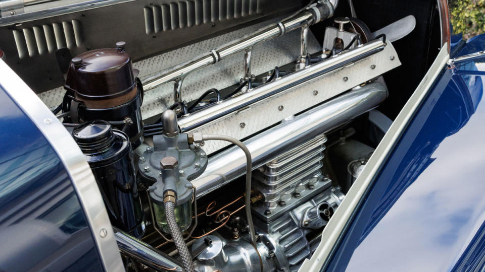 The 170 hp, 3.3-liter straight-eight engine inside a 1938 Bugatti Type 57C Aravis “Special Cabriolet.”