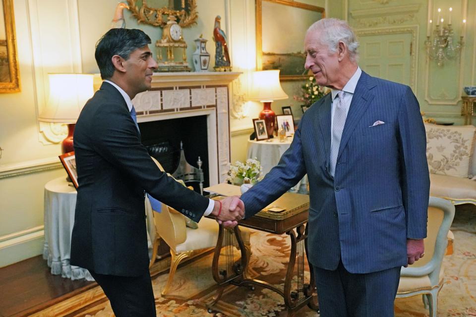 King Charles III, right, and Britain's Prime Minister Rishi Sunak shake hands during their meeting at Buckingham Palace, London, Wednesday, Feb. 21, 2024. (Jonathan Brady/Pool Photo via AP)