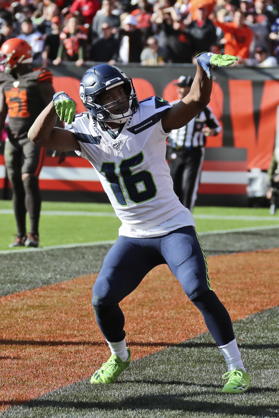 Seattle Seahawks wide receiver Tyler Lockett celebrates after a 16-yard touchdown during the second half of an NFL football game against the Cleveland Browns, Sunday, Oct. 13, 2019, in Cleveland. (AP Photo/Ron Schwane)