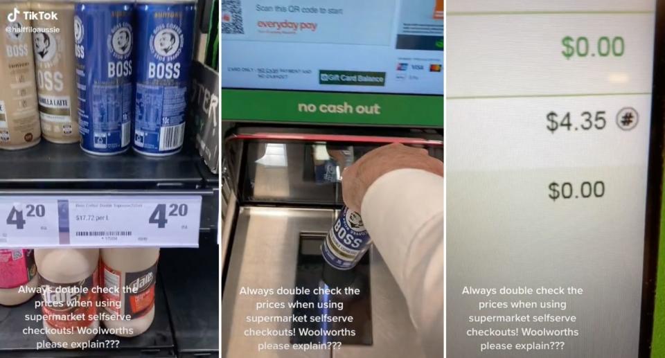 Stills from TikTok video of Woolworths drinks shelves and shopper scanning iced coffee can at self-serve checkout