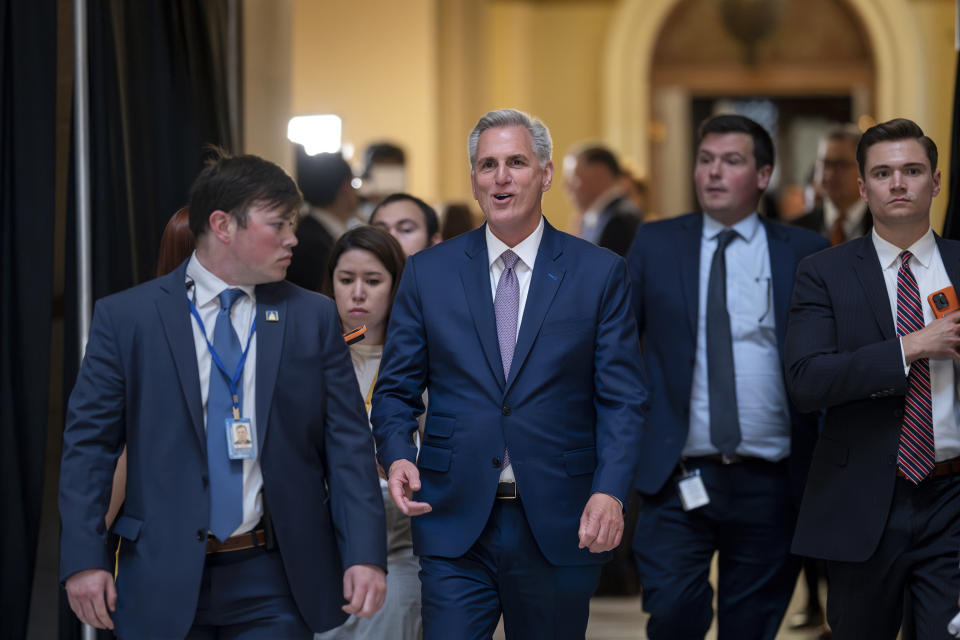 Speaker of the House Kevin McCarthy, R-Calif., walks from the chamber just after the Republican majority in the House narrowly passed a sweeping debt ceiling package as they try to push President Joe Biden into negotiations on federal spending, at the Capitol in Washington, Wednesday, April 26, 2023. (AP Photo/J. Scott Applewhite)