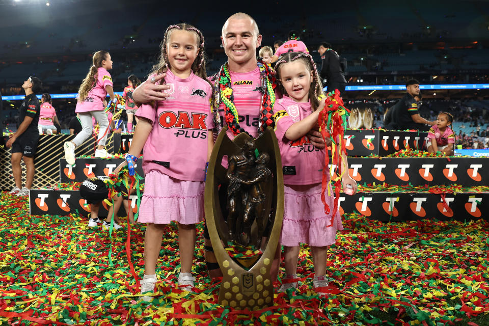 Dylan Edwards, pictured here after winning a fourth-straight premiership with Penrith.