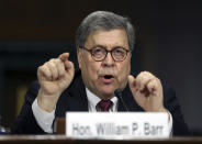 FILE - In this May 1, 2019 file photo, Attorney General William Barr testifies during a Senate Judiciary Committee hearing on Capitol Hill in Washington, on the Mueller Report. Former FBI lawyer Kevin Clinesmith will plead guilty to making a false statement in the first criminal case arising from U.S. Attorney John Durham's investigation into the probe of ties between Russia and the 2016 Trump campaign. (AP Photo/Andrew Harnik)