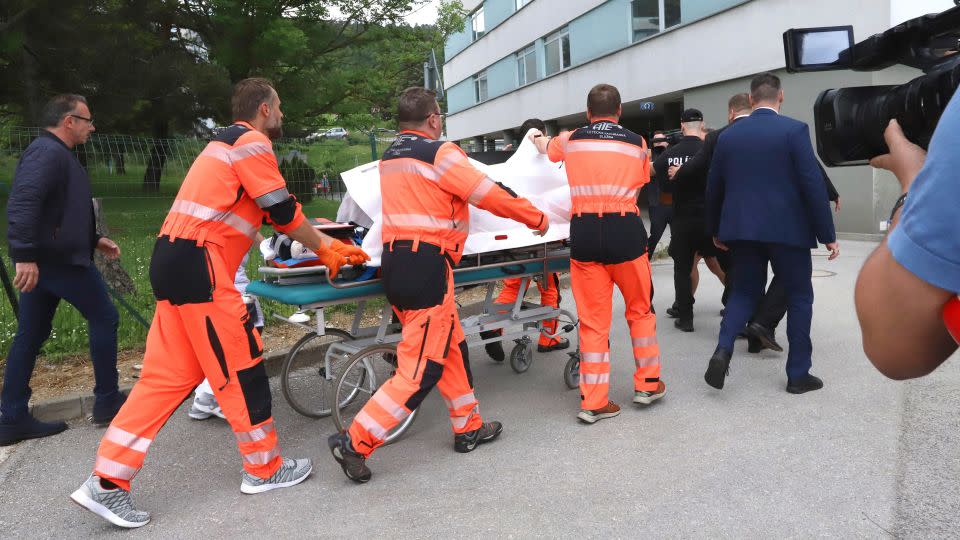 Robert Fico is transported into a hospital in the town of Banska Bystrica after he was wounded in a shooting. - Jan Kroslak/TASR via AP