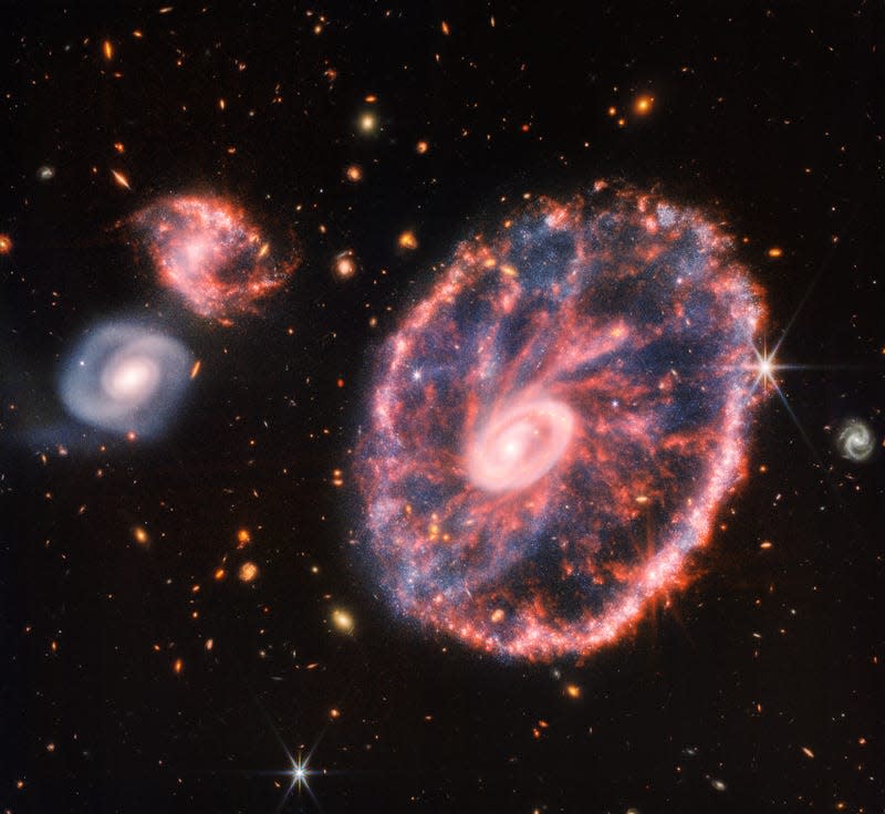 El Telescopio Espacial James Webb capturó una instantánea de la Galaxia Cartwheel, que se encuentra a unos 500 millones de años luz de la Tierra.