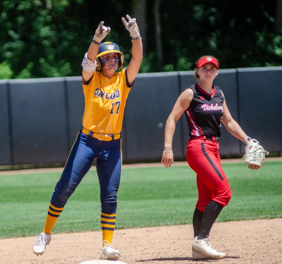 Jayden Jones's single in the eighth inning scored Alexis Shepherd from first base, giving Gaylord a 3-2 lead and helping cap off their second-straight state title.