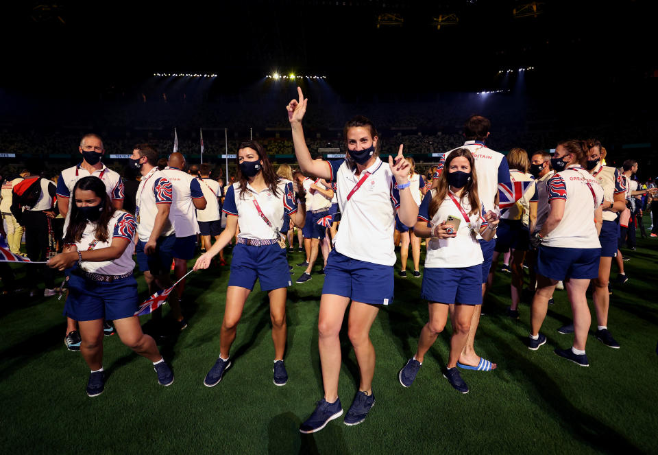 TOKYO, JAPAN - AUGUST 08: Members of Team Great Britain during the Closing Ceremony of the Tokyo 2020 Olympic Games at Olympic Stadium on August 08, 2021 in Tokyo, Japan. (Photo by Dan Mullan/Getty Images)