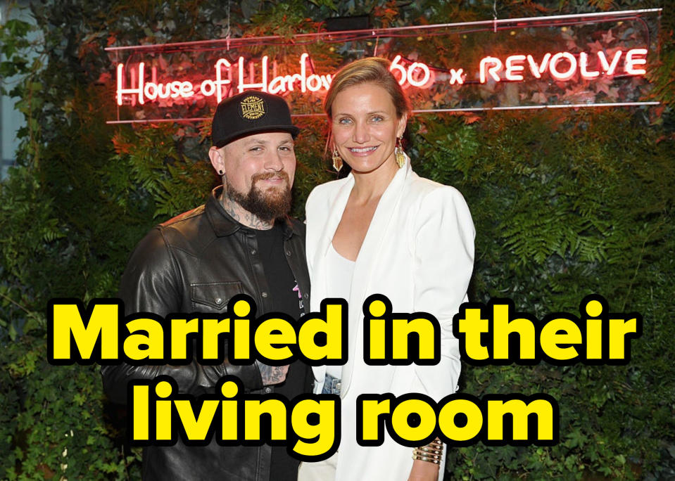 Picture of Benji Madden and Cameron Diaz at an event labeled "married in their living room"