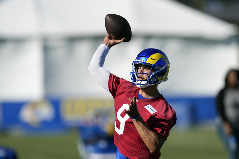 Los Angeles Rams quarterback Matthew Stafford throws a pass during the NFL football team's training camp Wednesday, July 26, 2023, in Irvine, Calif. (AP Photo/Marcio Jose Sanchez)