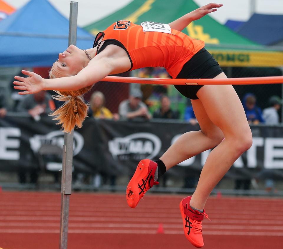 Central Kitsap's Savannah Fourier competes in the high jump during the 3A State Track and Field Championships at Mt. Tahoma High School on Thursday, May 26, 2022. Fourier took 4th place in the event.