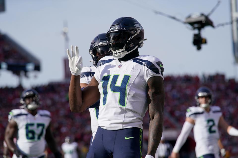 Dec 10, 2023; Santa Clara, California, USA; Seattle Seahawks wide receiver DK Metcalf (14) reacts after catching a touchdown against the San Francisco 49ers in the first quarter at Levi's Stadium. Mandatory Credit: Cary Edmondson-USA TODAY Sports