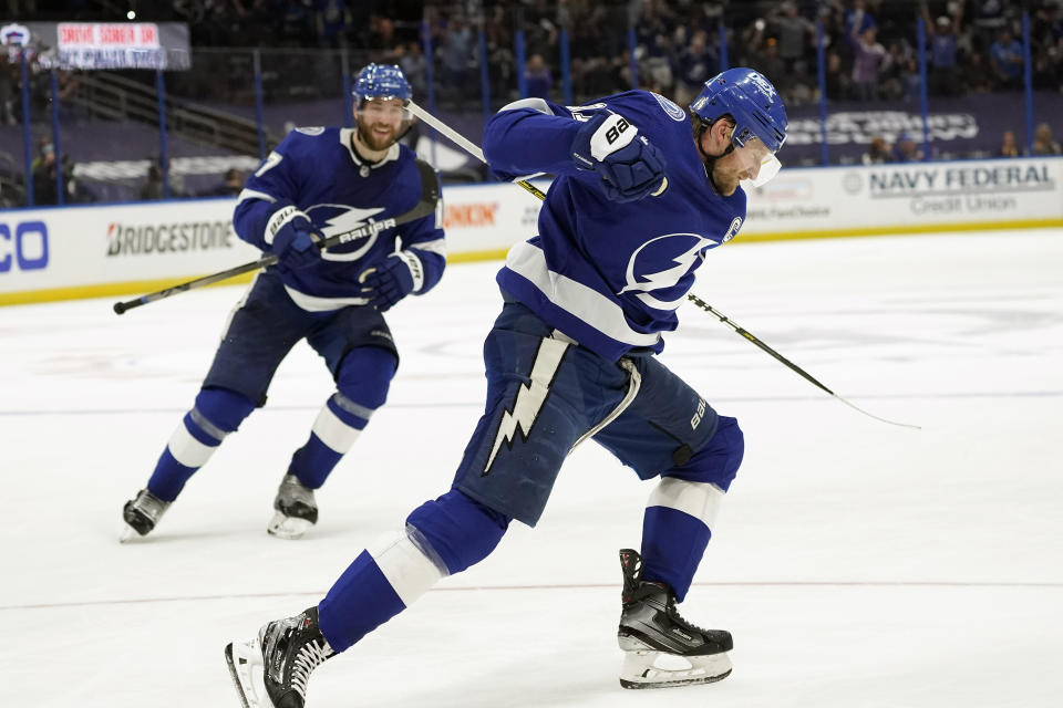 Tampa Bay Lightning center Steven Stamkos (91) celebrates his goal against the Florida Panthers during the second period in Game 6 of an NHL hockey Stanley Cup first-round playoff series Wednesday, May 26, 2021, in Tampa, Fla. (AP Photo/Chris O'Meara)