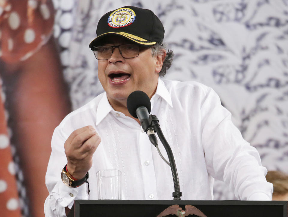 Colombia's President Gustavo Petro delivers a speech during a regional meeting in Neiva, in Colombia, Saturday, July 29, 2023. Colombian police arrested Petro's son Saturday, July 29, 2023, as part of a high-profile money laundering probe into funds he allegedly collected from convicted drug traffickers during last year's presidential campaign. (Sergio Reyes/La Nacion Newspaper via AP)